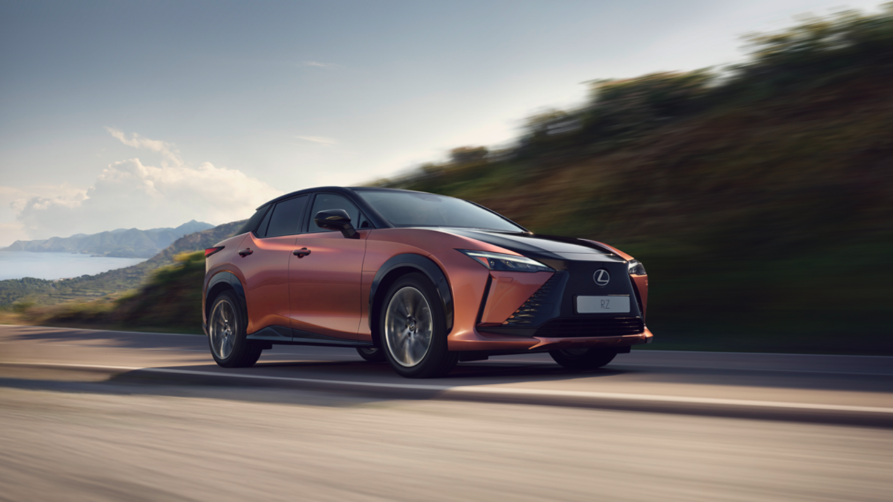 A Lexus RZ 450e parked in a rural location