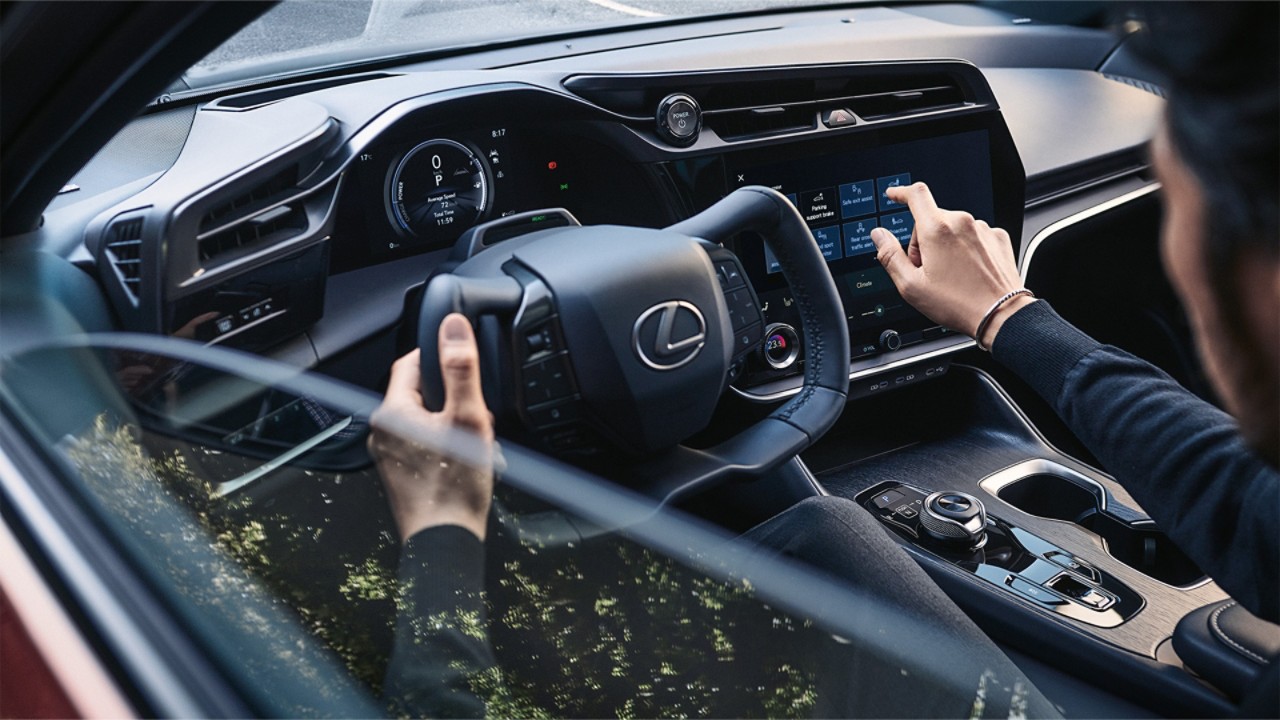 A man sat in the drivers seat of a Lexus RZ 450e